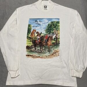 Vintage Sweatshirt Medium White Mock Neck Western Horse Art Janet Tyrrell 90s
